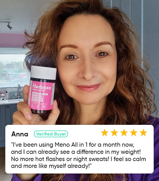 Herboxa MENO 10-IN-1 product review: "I've been using Meno 10-in-1 for a moth now, and I can already see a difference in my weight! No more hot flashes or night sweats! I feel so calm and more like myself already!"