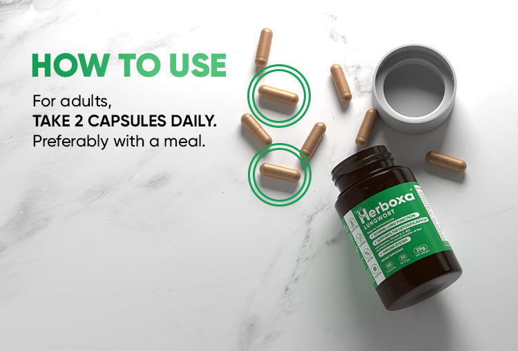 How to use Herboxa Lungwort: Take 2 capsules daily, preferably with a meal.