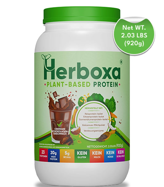 Herboxa Plant-Based Protein 920g chocolate flavored vegan protein tub